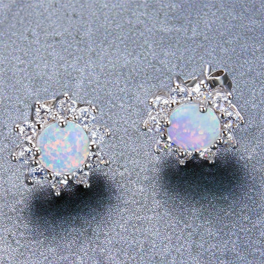 Round White Imitation Opal Stud Earrings