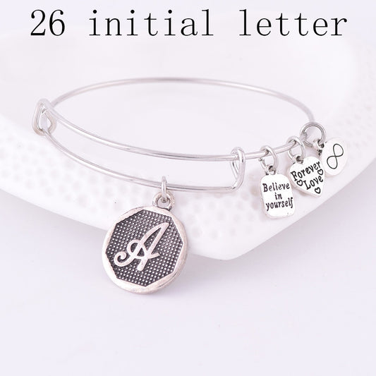 Expandable Silver A-Z Initial Alphabet Charm Adjustable Wire Wrap Cuff Bangle